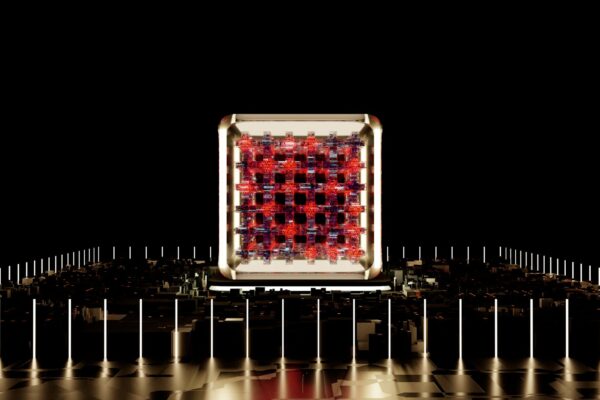 Abstract representation of a futuristic digital processor with glowing elements.
